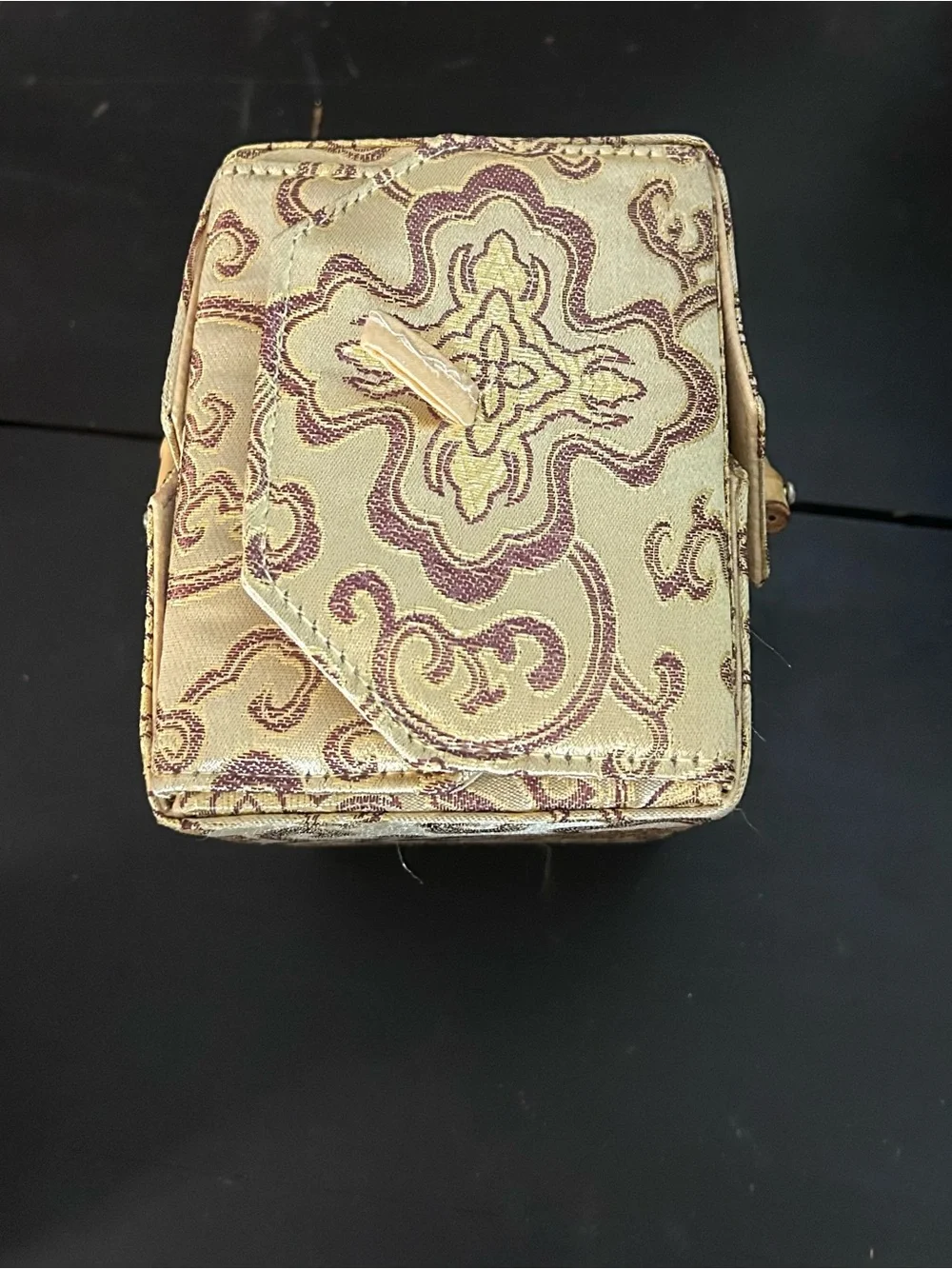 Asian Brocade Vanity Box Bamboo Handle Mirror Jewelry Sewing Trinket Box